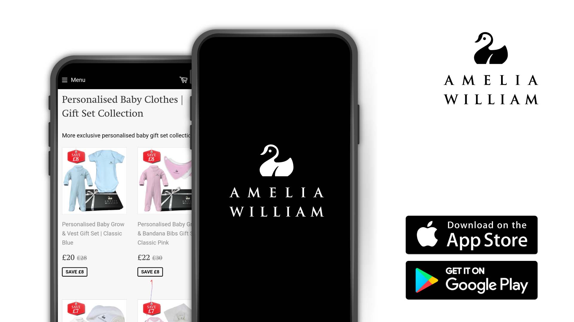The Amelia William Personlised Baby Clothes App brought to you by Identity Pixel - App Design & Development in Essex