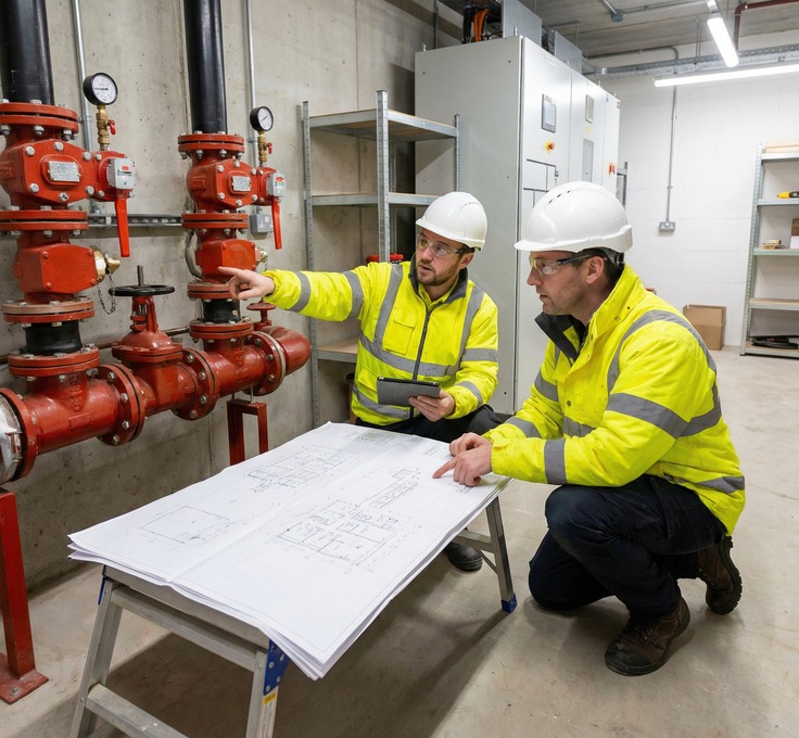 Sprinkler engineer performing system survey in plant room