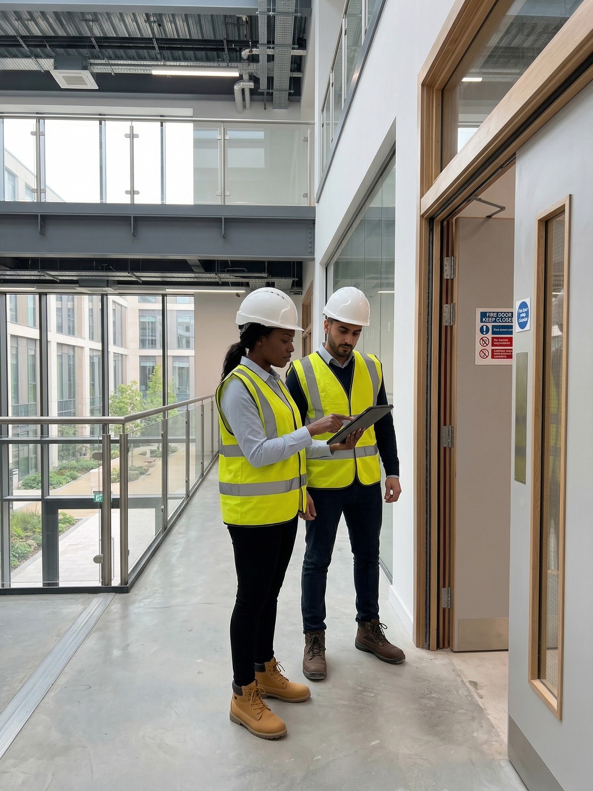 Construction Compliance engineers reviewing fire door works and remedial scope on a commercial site