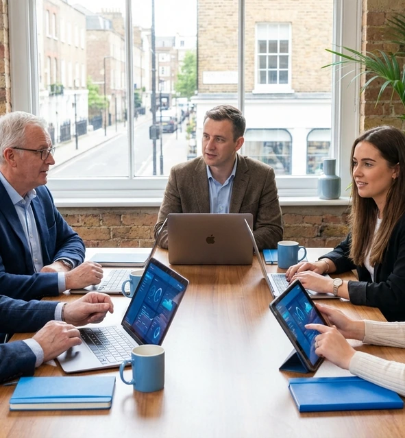 Human team collaborating around AI-supported business workflows